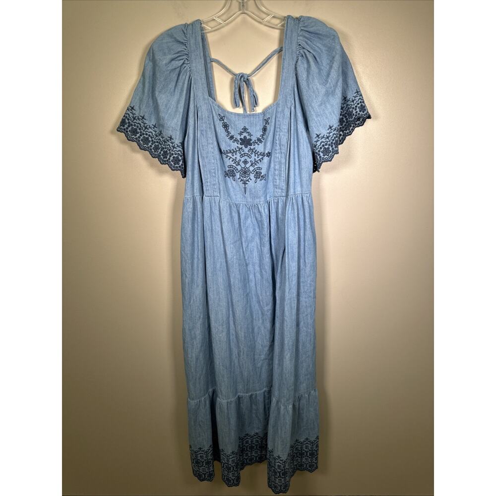 Old Navy Midi Dress L Flutter Sleeve Eyelet Chambray Peasant Cottagecore Flowy - Picture 2 of 9